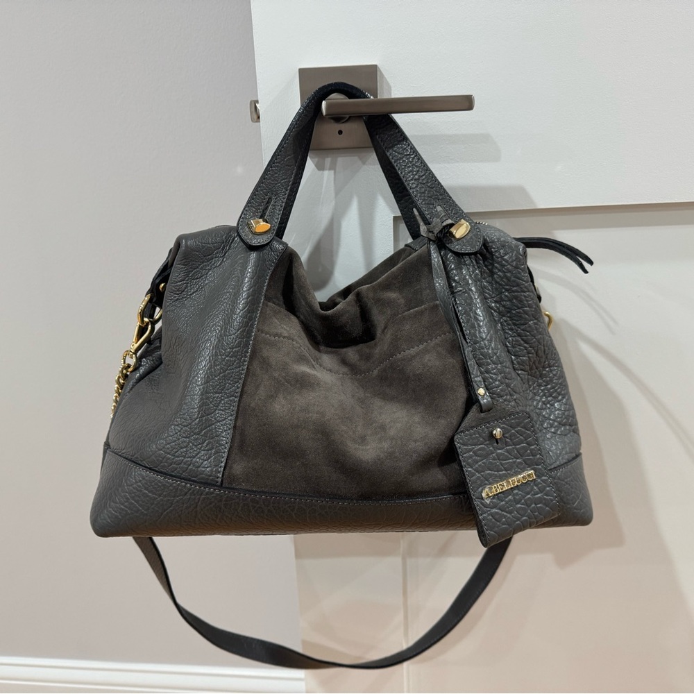 A. Bellucci Gray Pebbled Suede Shoulder Bag with Gold Hardware